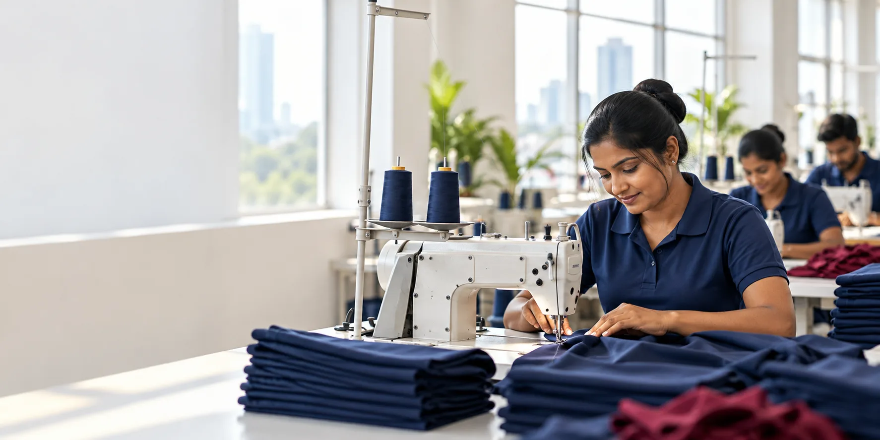 Tailors sewing navy uniforms in a sunlit workshop